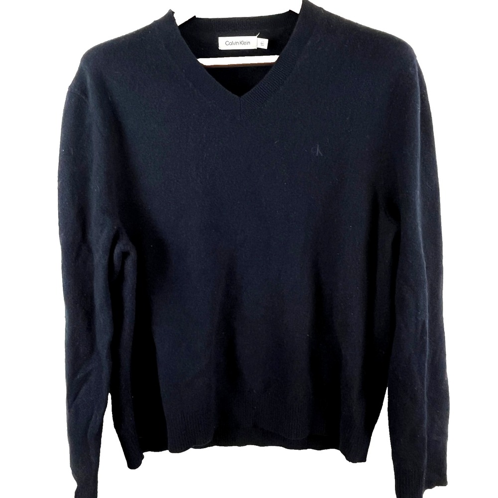 Calvin Klein Men's L Navy Blue Wool Blend V-Neck Sweater Classic Knit Pullover